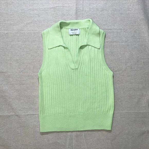 Old Navy | Pastel Lime Green Sleeveless Rib-Knit Cropped Polo | Small - Picture 4 of 8